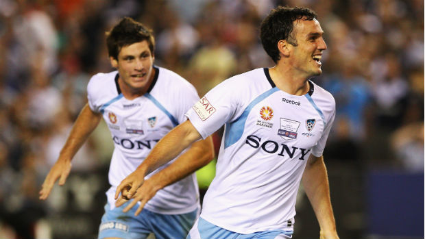Mark Bridge celebrates scoring for Sydney FC in the 2010 Grand Final.