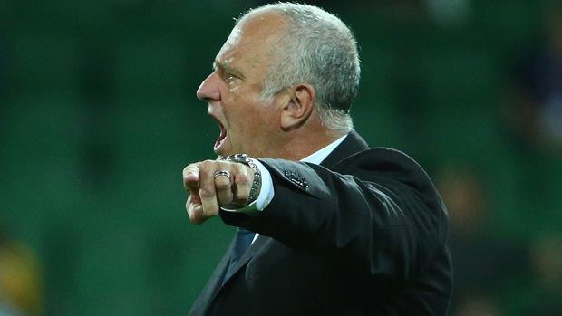 Graham Arnold instructs his players during his side's 3-0 win over the Glory.