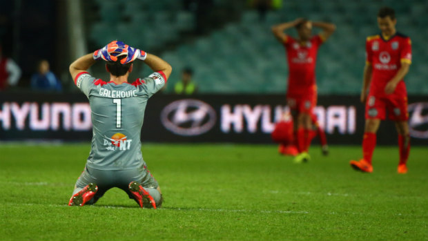 Adelaide United players show their disappointment at full-time at Allianz Stadium.