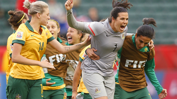 Matildas players celebrate at the 2015 World Cup in Canada.